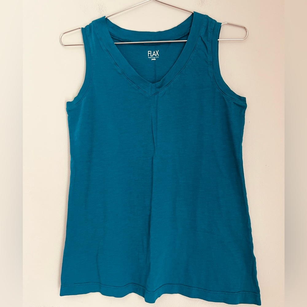 Flax Tank Top Women’s P/ XS/ 4-6 Teal Blue Cotton Classic Basics USA Made V-neck